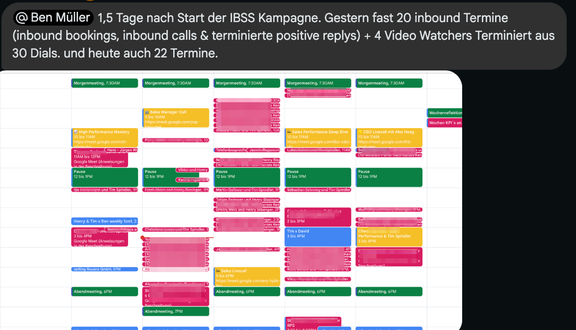 Kundennachricht und Kalender mit rund 20 Inbound-Terminen am Tag, 1,5 Tage nach Kampagnenstart
